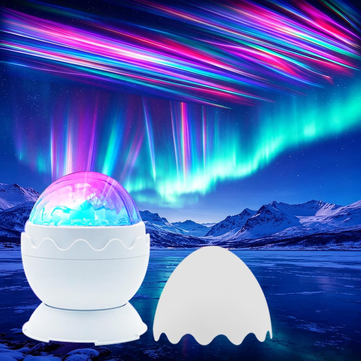 Whole Room Coverage Area Northern Lights Projector Galaxy Aurora 8 Effects Combinations with Night Light Egg Cover for Bedroom Light Sleep (White)